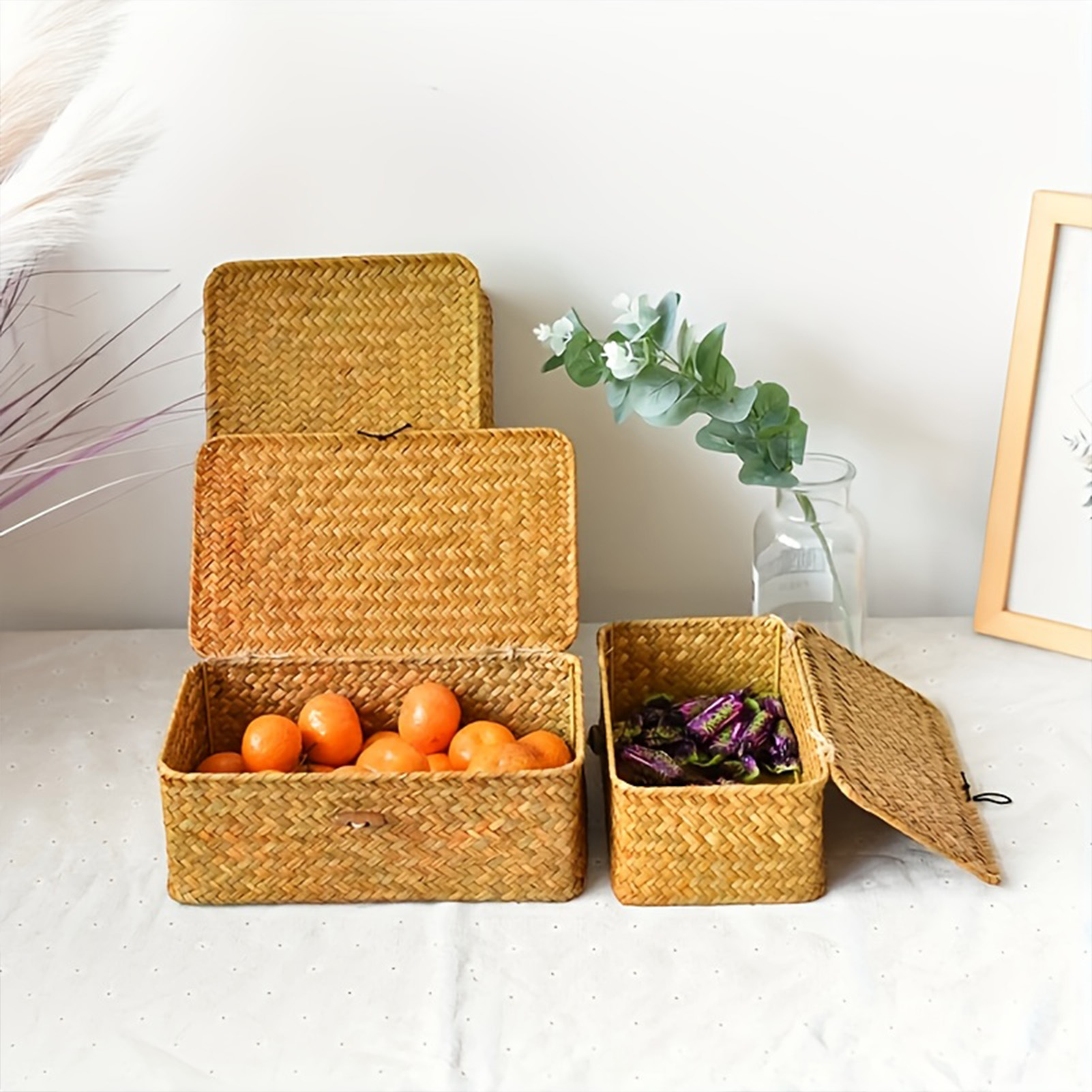 Large Capacity Hand Woven Straw Storage Box with Lid for Home & Office