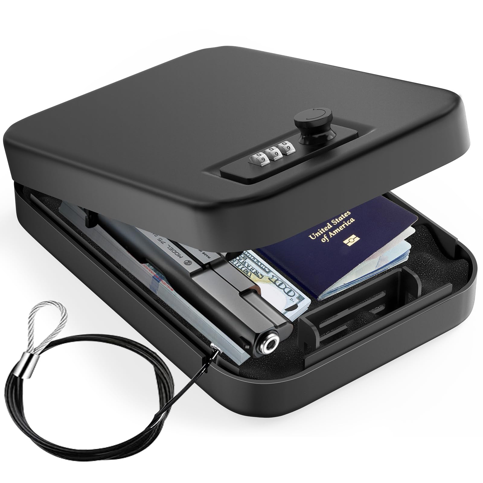 Portable Gun Safe Box with Combination Lock and Security Cable for Travel and Home Protection