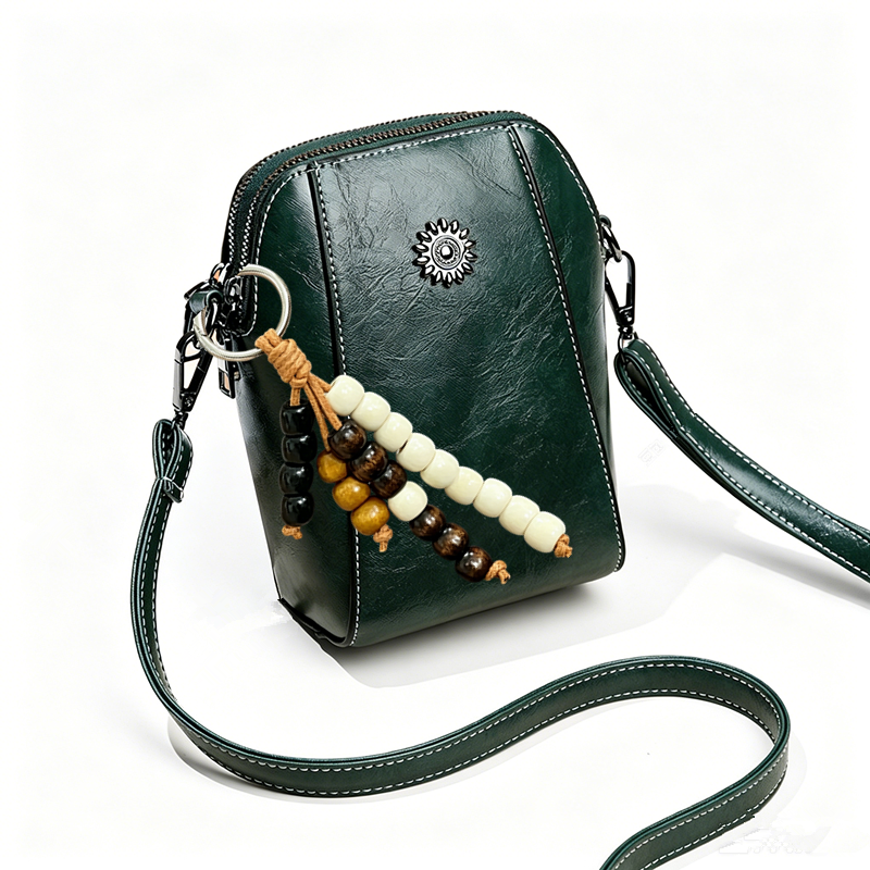 Vintage Boho Phone Crossbody Bag with Faux Leather Finish and Beaded Charm