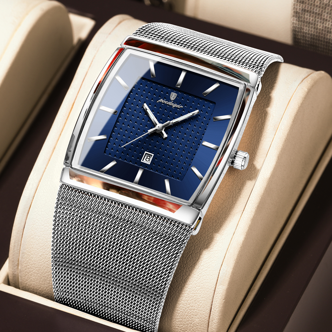 Luxury Mens Quartz Watch with Stainless Steel Mesh Band, Luminous Hands and Date Display