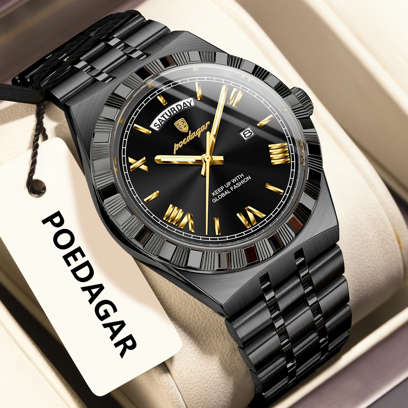 Luxury Mens Quartz Watch with Week Date Luminous Dial and Stainless Steel Band