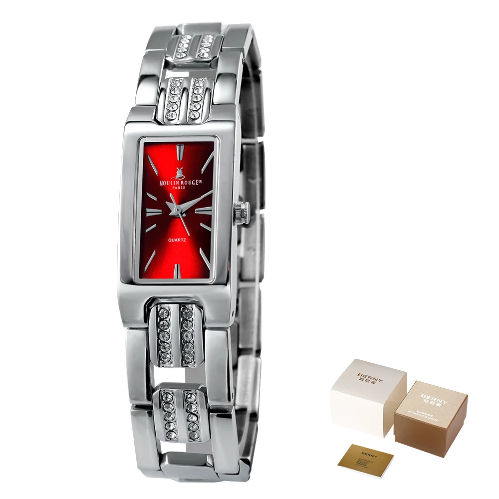 Womens Rectangle Quartz Watch Waterproof Stainless Steel Bracelet Red Dial