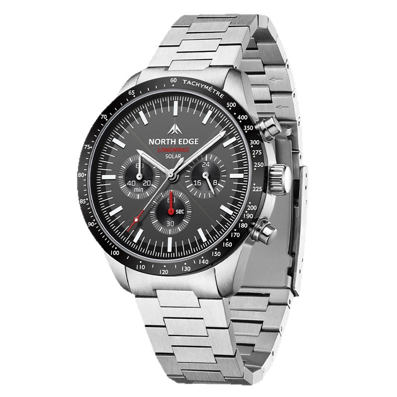 Solar Powered Watch for Men Stainless Steel Chronograph Waterproof