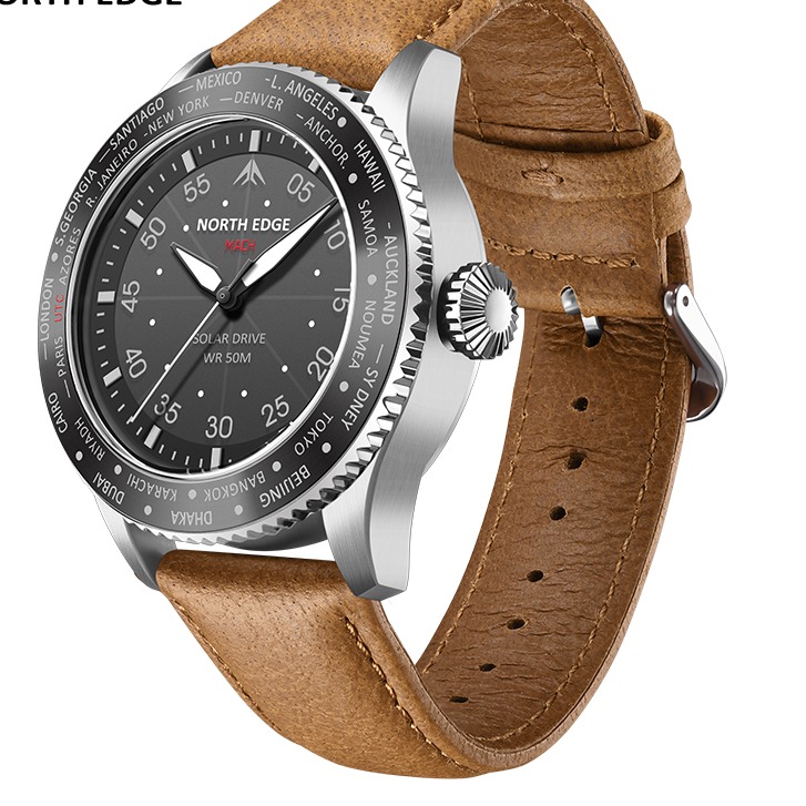 Solar Powered Watch for Men Waterproof Pilot Watch with Luminous Display