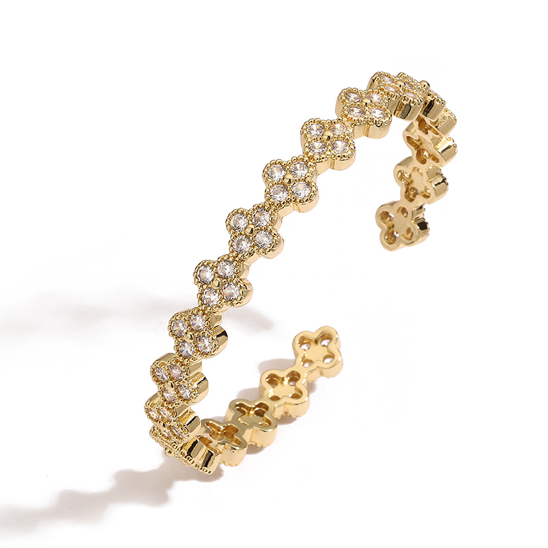 Gold Plated Flower Bracelet for Women with Cubic Zirconia Adjustable Bangle