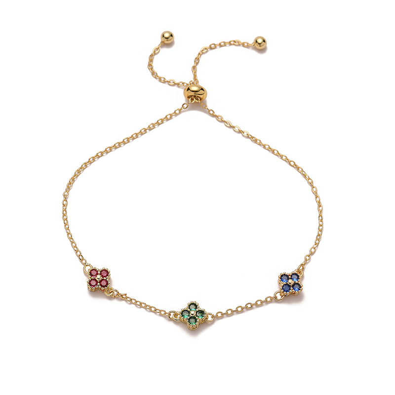 Gold Plated Flower Bracelet for Women with Cubic Zirconia Adjustable Clasp
