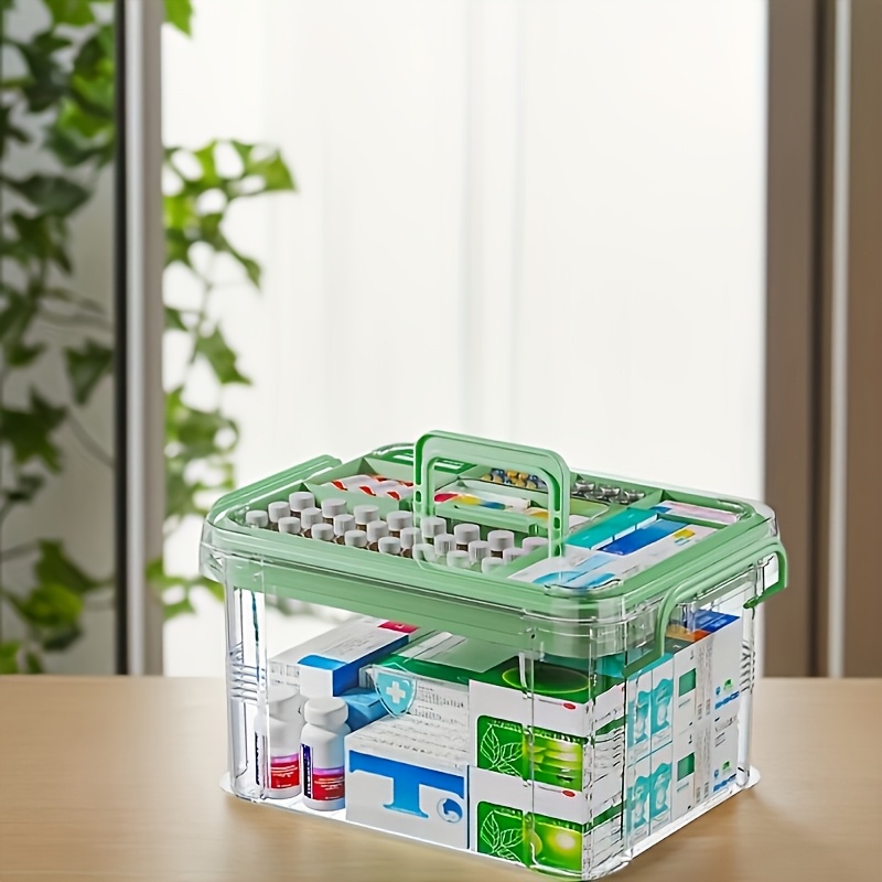 Clear Double Layer Medicine Storage Box with Handle Portable First Aid Organizer for Home and Travel