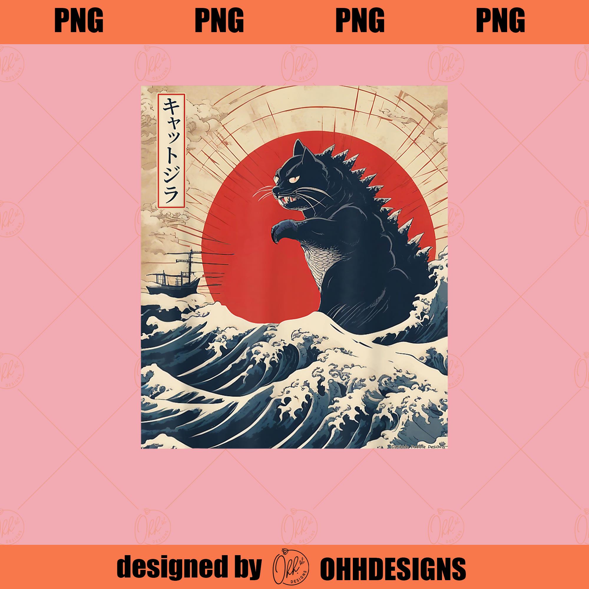 Funny Cat Kaiju Japanese Sunset Vintage Catzilla Great Wave - Inspire ...