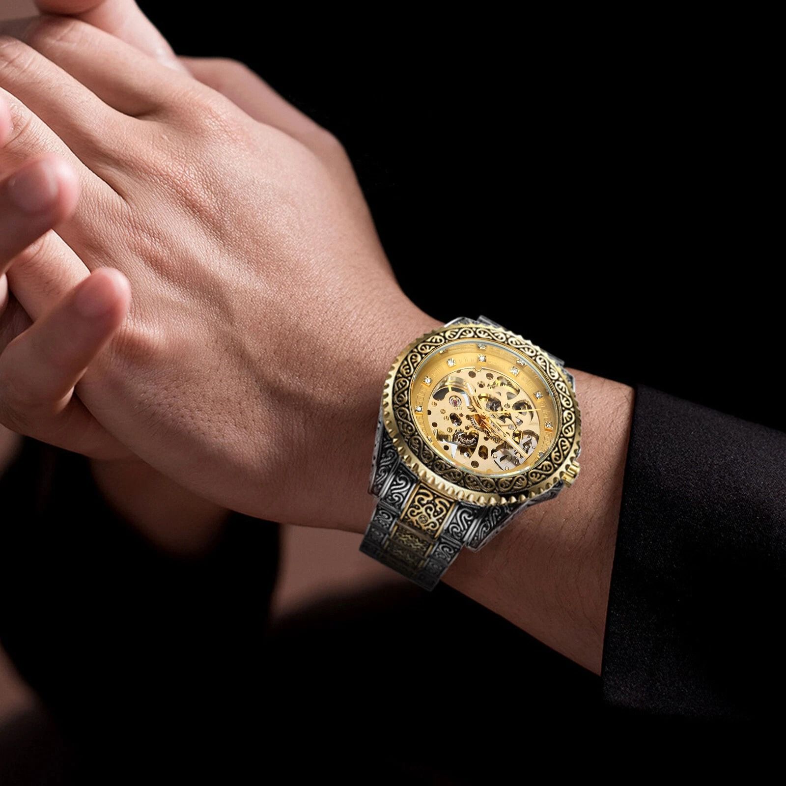 Gold Tone Skeleton Luxury Men's Stainless Steel Automatic Mechanical Wrist Watch