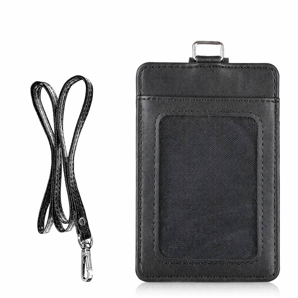 Badge Card Holder Leather Vertical Clip Neck Strap Necklace Case for ID Badges, Business & Travel