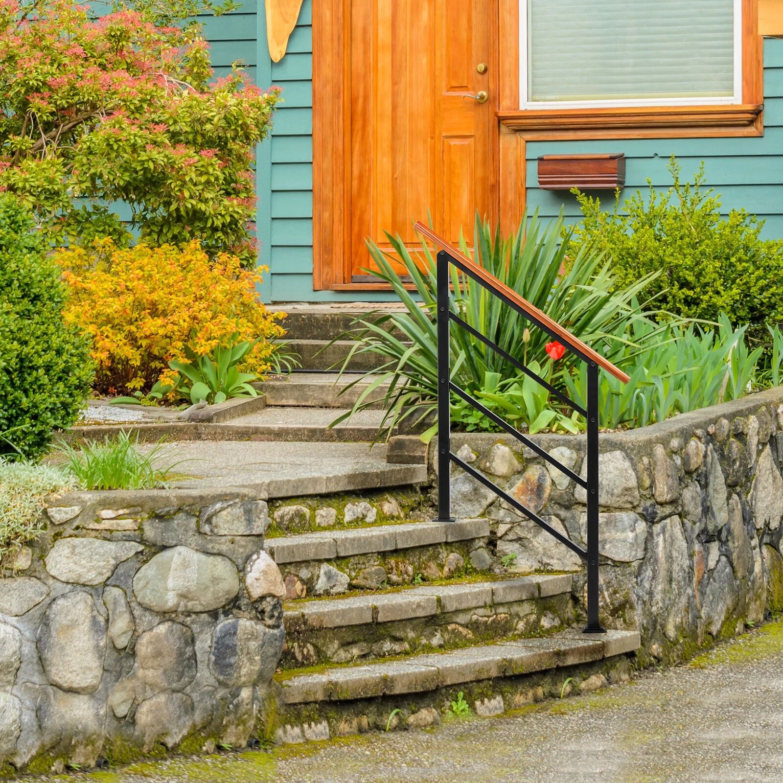 Wrought Iron & Solid Wood Handrails for Outdoor Steps - Durable, Weather-Resistant Stair Railing