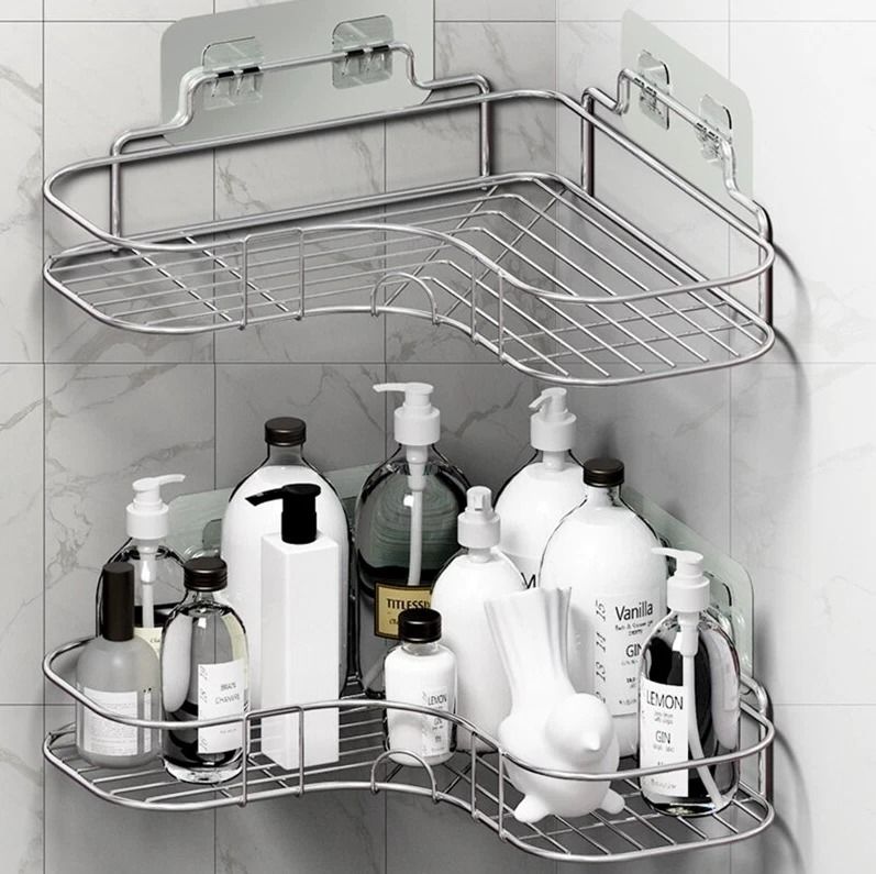 Rustproof Corner Shower Caddy - Triangular Rack Bathroom Storage Shelf Organizer with No-Drill Adhesive
