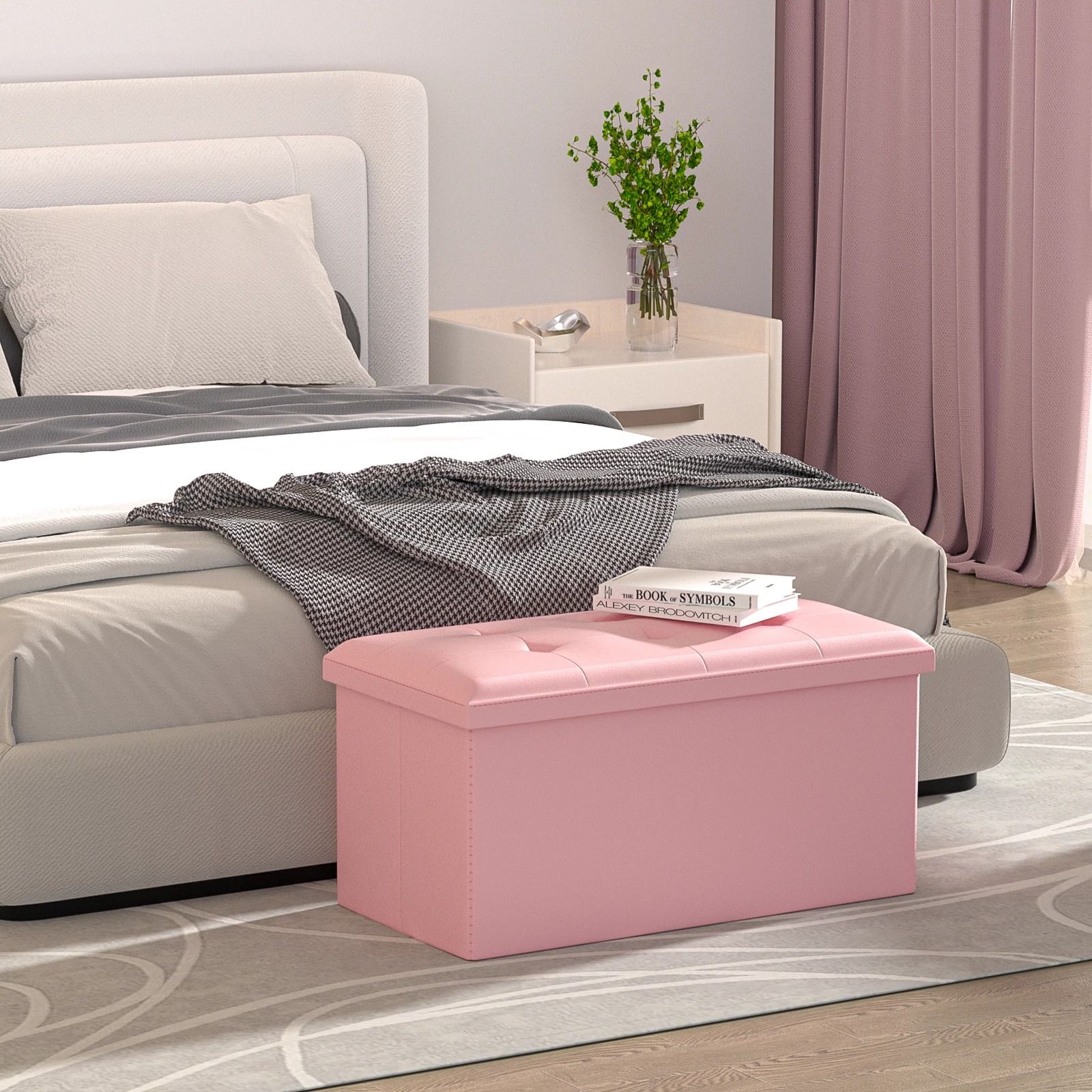 Light Pink Folding Storage Foot Stool with Flipping Lid – Space-Saving Storage Solution for Living Rooms and Bed