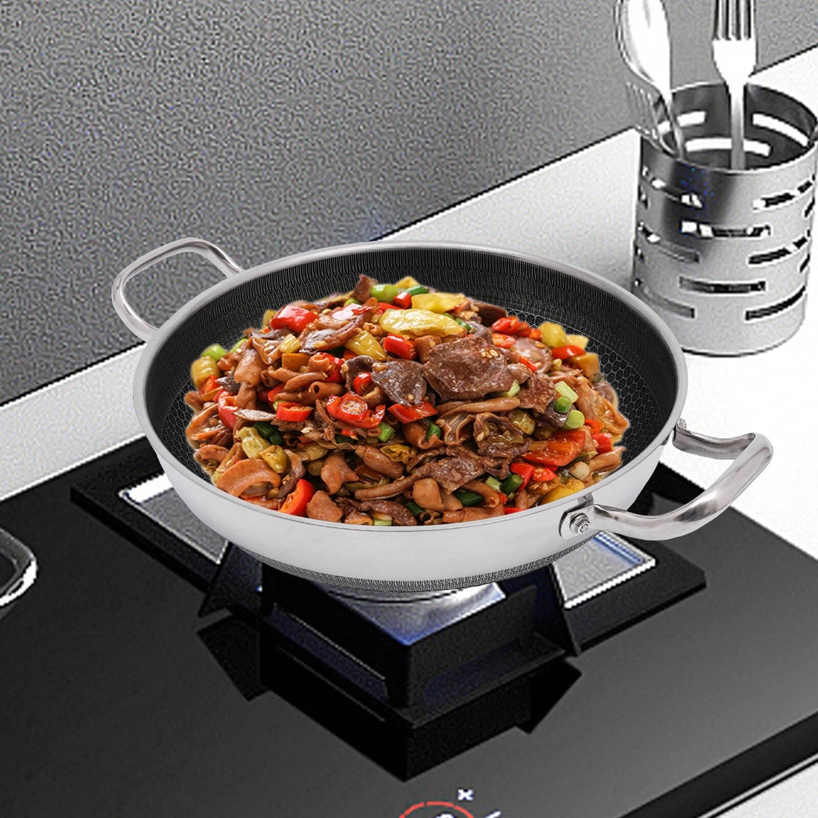 Stainless Steel Frying Pan with Lid Premium Non Stick Cookware for All Hobs & Induction