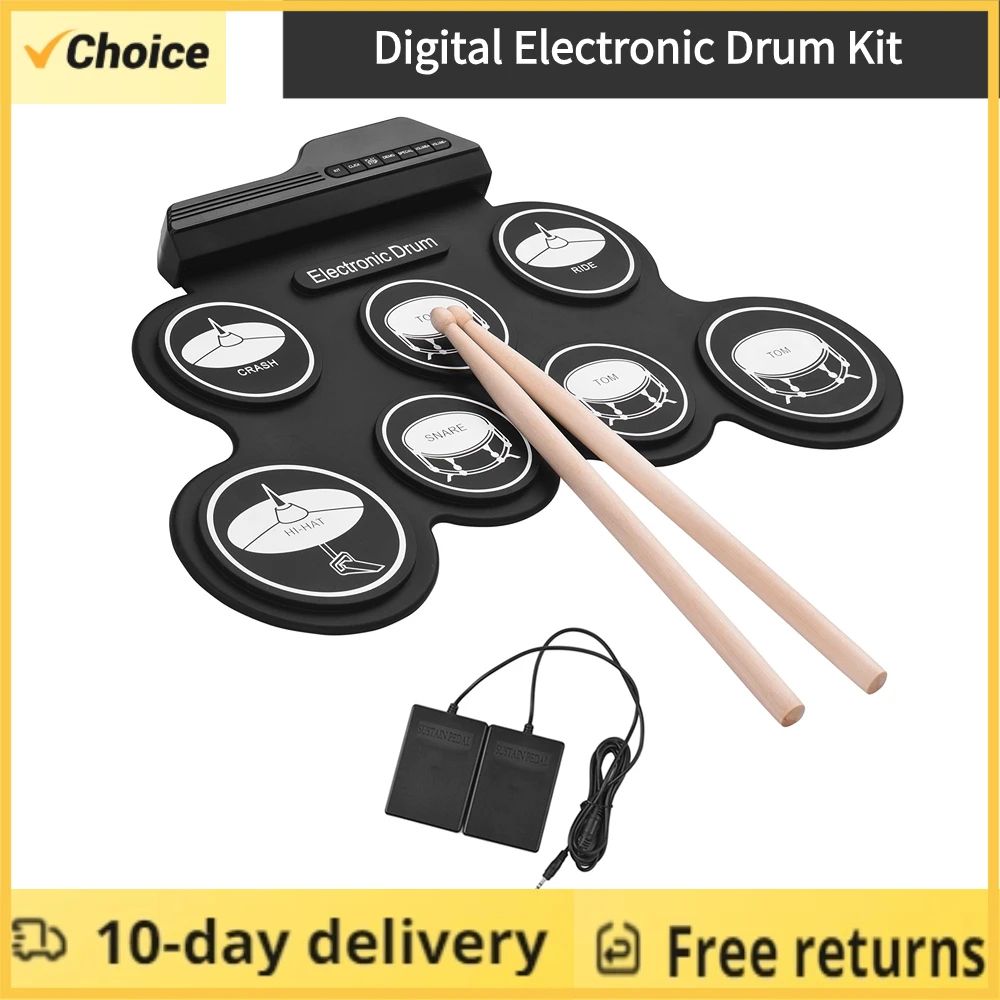 Portable Foldable USB Electronic Drum Set, Compact Roll-Up Silicon Drums Pad Kit with Pedal for Digital Hand Practice