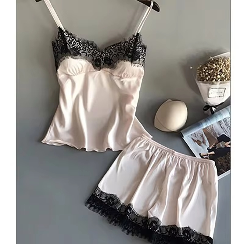 Women Pajama Suit Fashion VNeck Stretch Satin Babydoll Lace Sexy Lingerie Bowknot Pyjamas Sleep Shorts Set Sleepwear - Black m | Silver Stone Store
