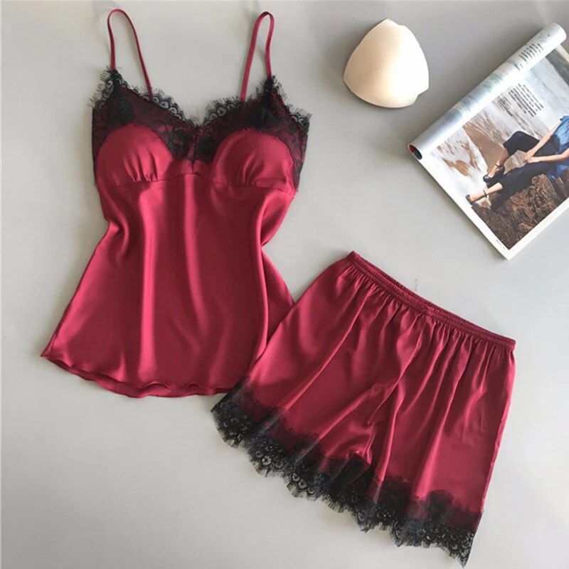 Women Pajama Suit Fashion V-Neck Stretch Satin Babydoll Lace Sexy Lingerie Bowknot Pyjamas Sleep Shorts Set Sleepwear Women Pajama Suit Fashion V-Neck Stretch Satin Babydoll Lace Sexy Lingerie Bowknot Pyjamas Sleep Shorts Set Sleepwear