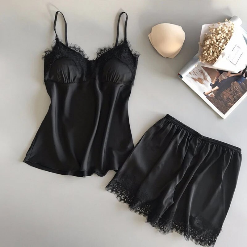Women Pajama Suit Fashion VNeck Stretch Satin Babydoll Lace Sexy Lingerie Bowknot Pyjamas Sleep Shorts Set Sleepwear - Black m