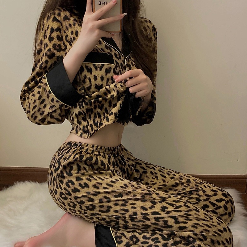 Thailand Spring and Fall Pajamas Set, Women's Leopard Print Loungewear, Long-Sleeved Sleepwear, Upscale Homewear