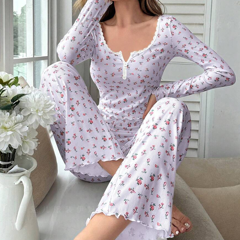Comfortable Womens Floral Print Pajama Set, Sexy Long Sleeve Top and Pants, Soft Sleepwear Two Piece Loungewear