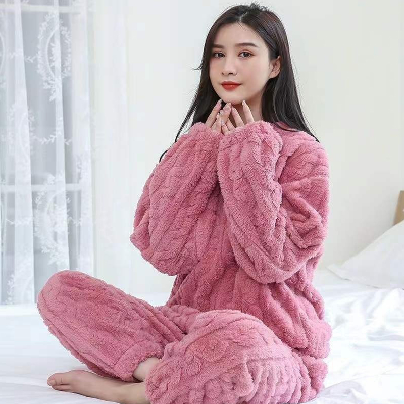 Women Casual Pajama Sets, Autumn Solid Warm Thicken Velvet Ribbed Fleece Set