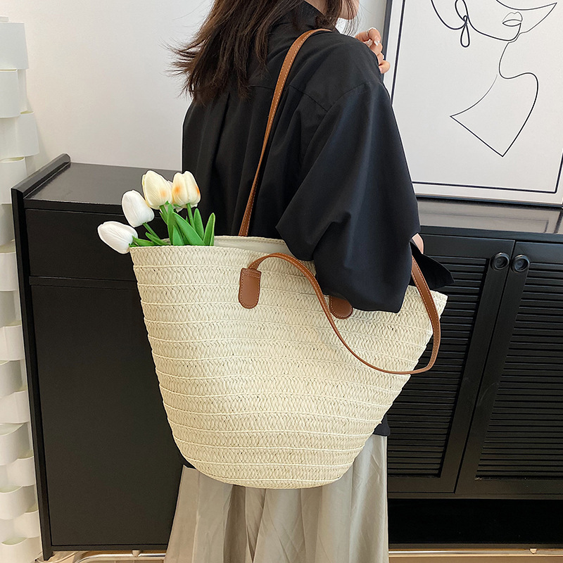 Fashion Women's Large Capacity Shoulder Bag, Straw Woven Basket Handbag, Luxury Designer Beach Bag, Bali Shopper Tote