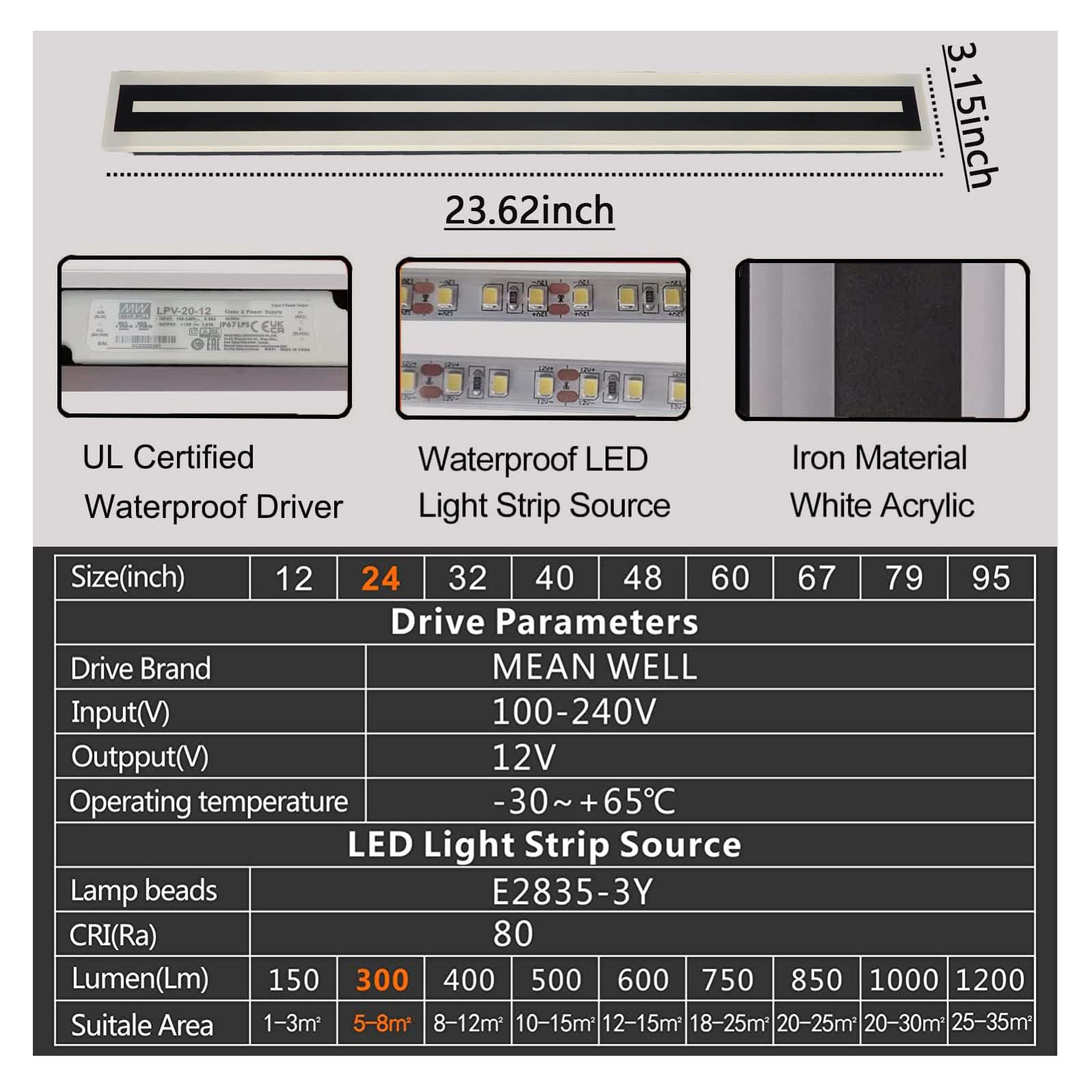 Modern LED Wall Lighting Fixture, Outdoor Long Strip Sconce, Frosted White Acrylic Wall Lamp, IP67 Waterproof