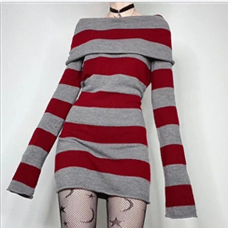 Women Striped Mini Bodycon Dress, Off Shoulder Boat-Neck, Long Sleeve, Wrapped Hip Party Dress for Spring and Autumn