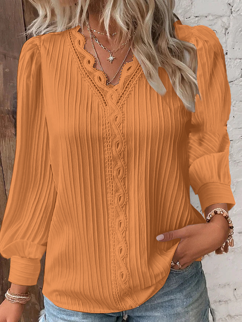 Chic Women Shirt, Elegant Summer Hollow Lace Patchwork Blouse, V Neck Long Sleeve Shirt, Plain Lace Casual Regular Tops