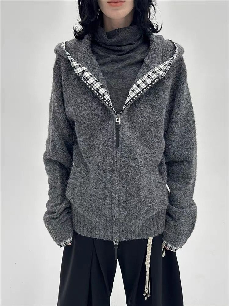Vintage Korean Harajuku Black Jackets, Subculture Gothic Women Coats with Hoodies, Faux Fur Coat Female Loose