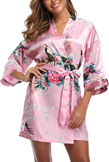 Sexy Crane Print Satin Silk Women Wedding Bridemaid Robe, Short Long Kimono Night Gown Robe Fashion Dressing Gown Female