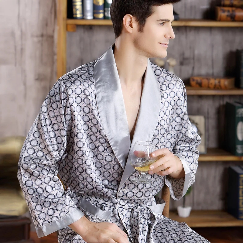 Bathrobe Silk Long Dressing Gown, Men Bath Robe Satin Print Gold, Geometric Lounge Nightgown, Plus Size Sleepwear - Sliver XL | Silver Stone Store