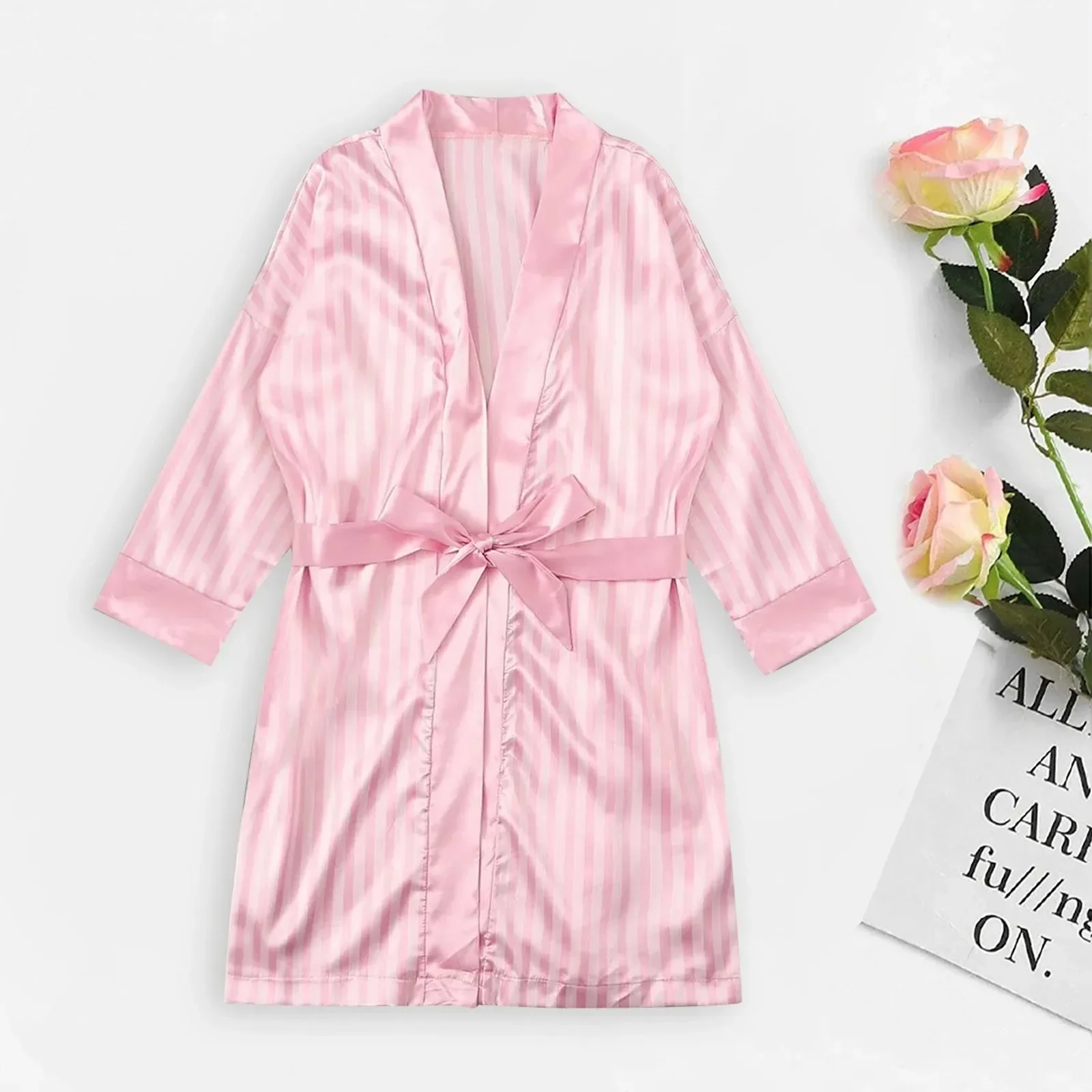Women Nightdress Underwear, Satin Silk Sleepwear Robes, Striped Sexy Lingerie Pajamas, Long-Sleeve Casual Home Wear