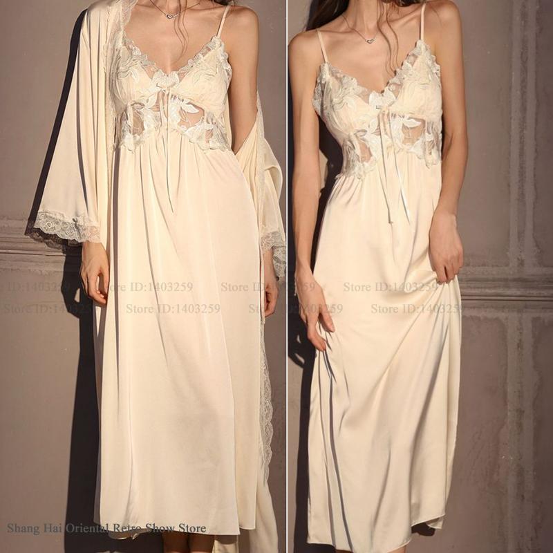 Silky Ice Silk Nightgown Set, Elegant Female Long Robe, SEXY Hollow Out Lace Lingerie, Sleepwear Homewear Loungewear - A xl | Silver Stone Store
