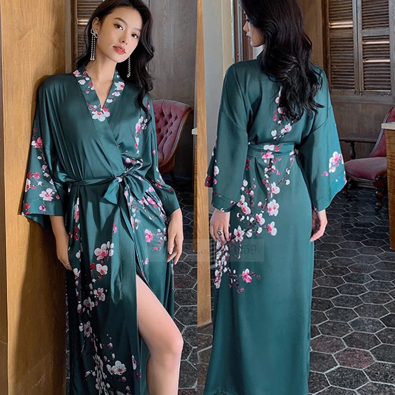 Sexy Rayon Black Print Flower Long Robe, Summer Half Sleeve Bathrobe Gown, Comfortable Nightgown for Women