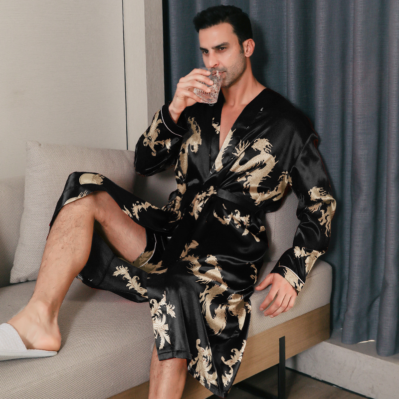 Oversized Men Pajamas, Spring and Autumn Silk Bathrobes, Long Sleeved Ice Silk Pajama, Summer Home Clothing