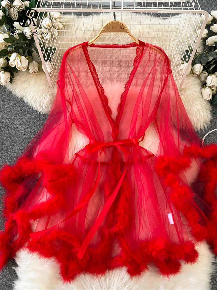 Sexy Female Sheer Shapewear Robes, Plush Long Sleeve, Erotic Lace-Up Spliced Thin Lingerie for Women, Sexy Midi Robes
