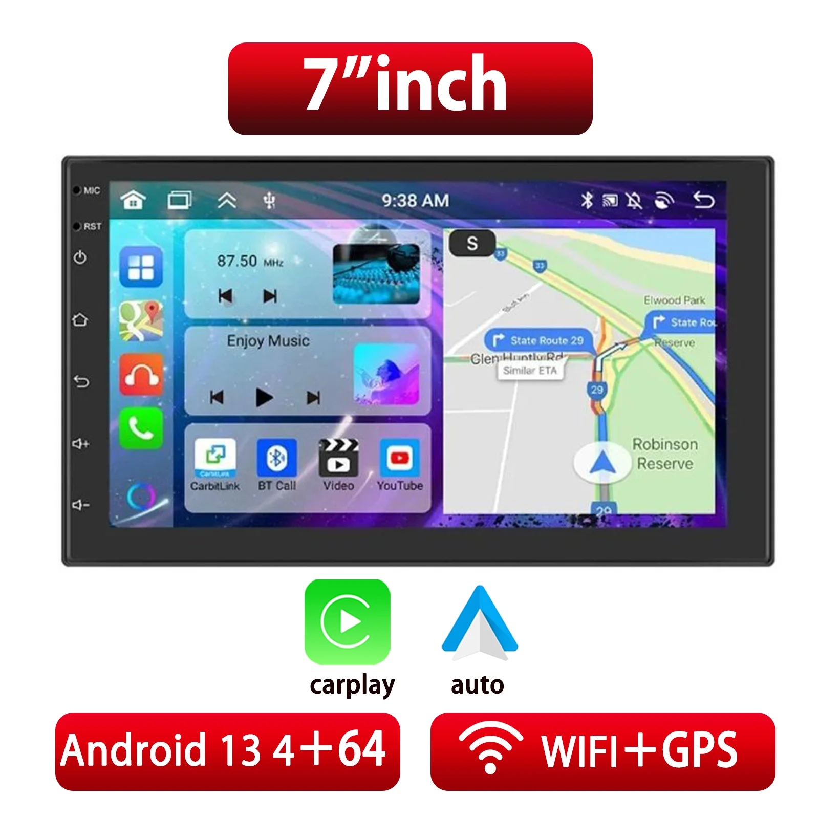 Car Multimedia Video Player, Android Car Radio with Carplay, GPS Navigation, Bluetooth, Rear View Camera