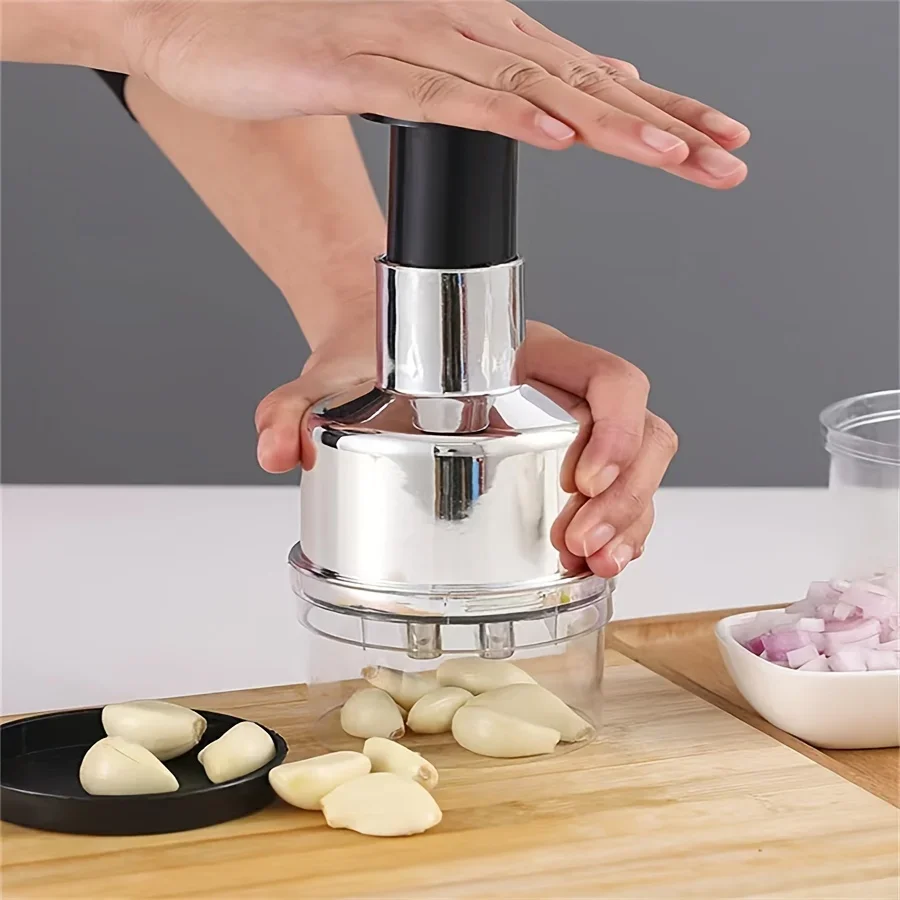 Stainless Steel Garlic Press, Manual Vertical Hand Cutter, Onion & Nut Chopper with Storage, Vegetable Food Kitchen Tool