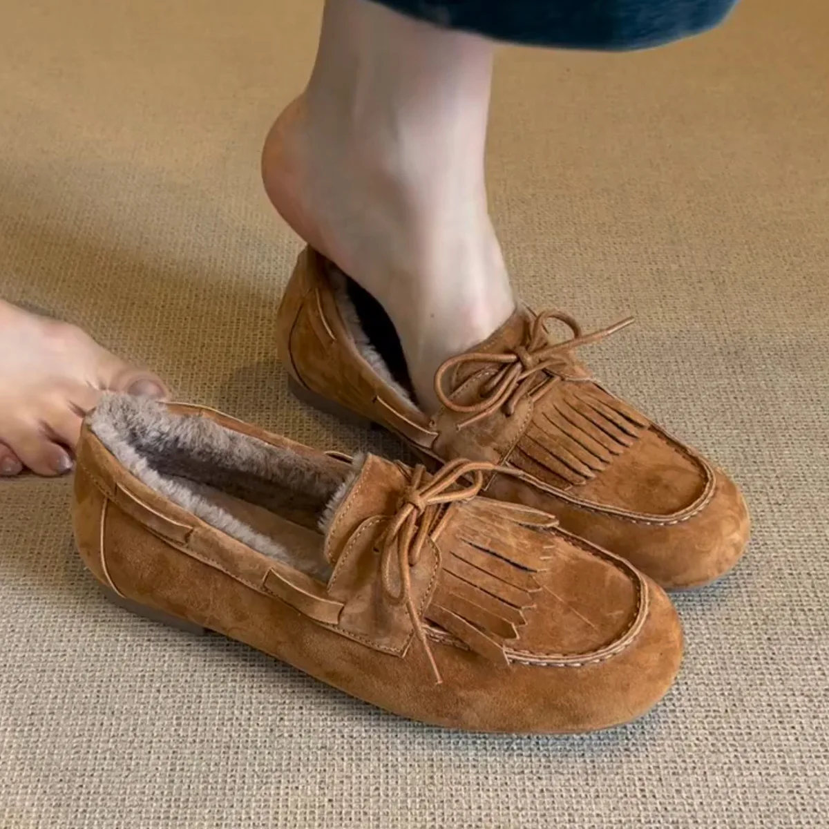 Suede Loafers Shoes, Winter Fashion Designer Boots, Cozy Casual Flats for Women, Trendy Warm Sneakers, Fur Lined Walking