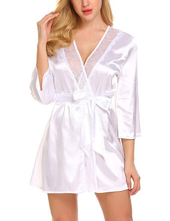 Women Sexy Lace Satin Robe, Black Plus Size Sleepwear Nighty, Soft Comfortable Short Nightgown Bathrobe Lingerie Dress