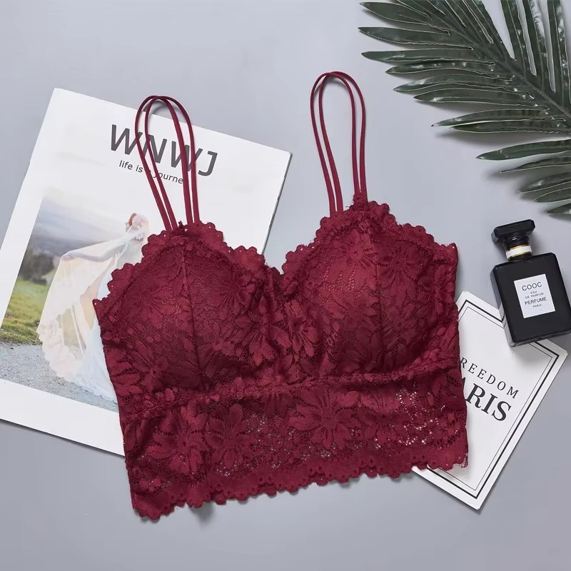 Sexy Women's Lace Bra, Hollow Out Flower Underwear, Wireless Push Up Bralette, Padded Breathable Strap Vest Lingerie
