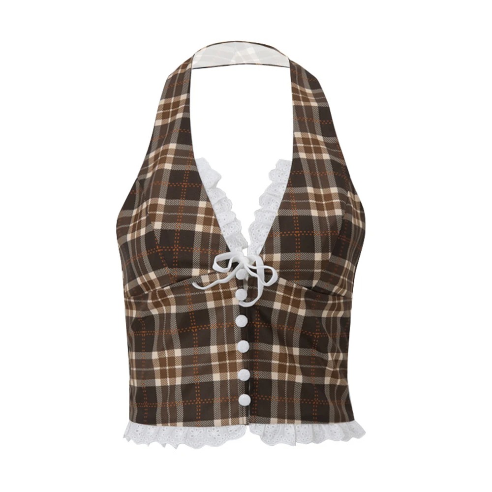 Halterneck Plaid Print Crop Top for Women, V-neck Backless Lace Slim Tank Top with Bow Embellishment, Perfect for Summer