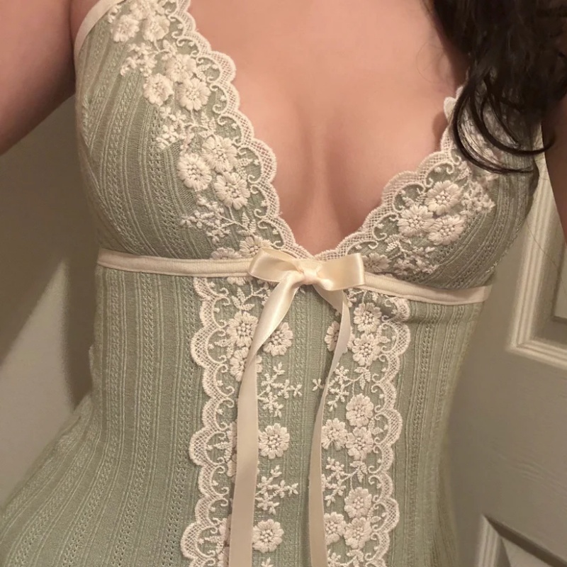 Fairy Floral Lace V Neck Tank Top Women Spaghetti Strap Coquette Camisole