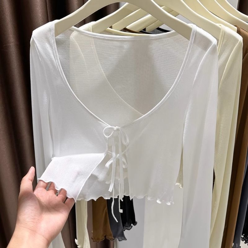 Ice Silk Summer Women Sun Protection Cardigan, Thin Long Sleeve Cover-up, Solid Color Lace Up Sunscreen Outerwear Shirt