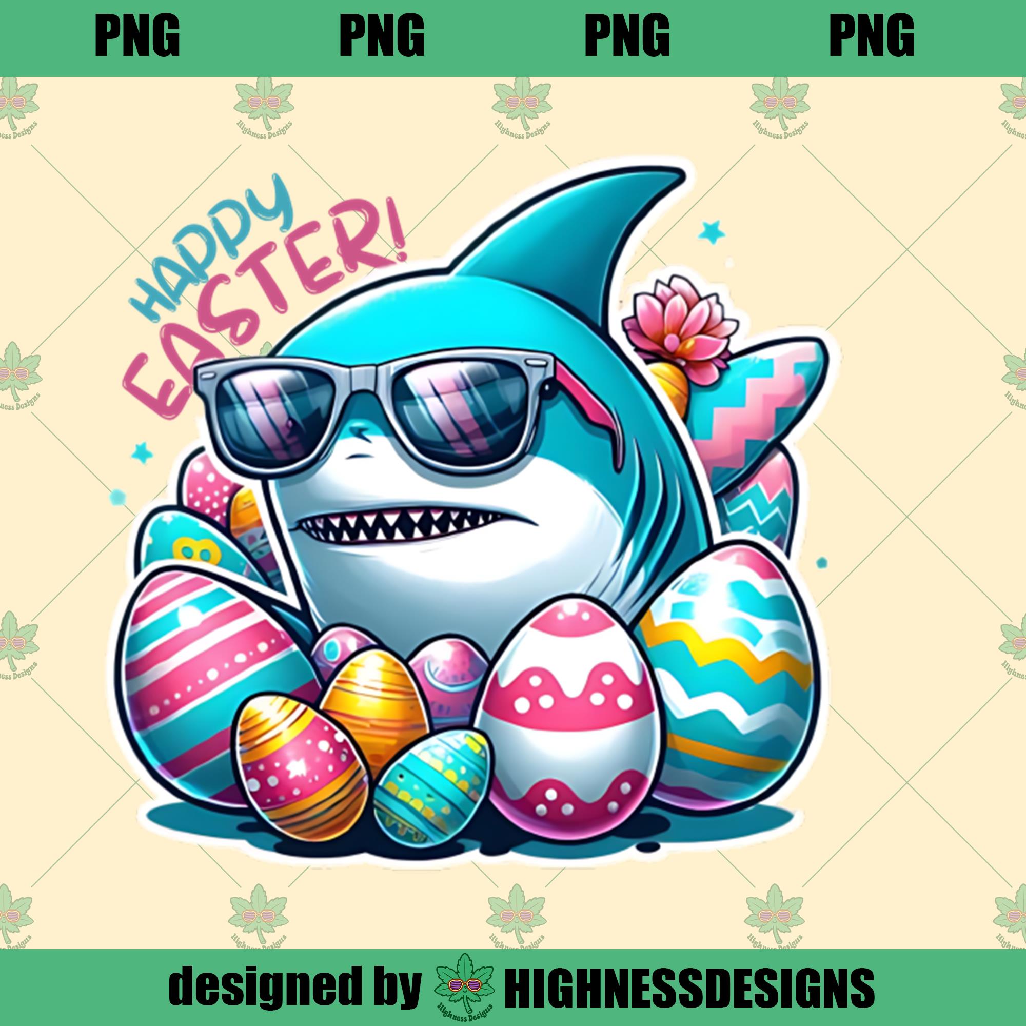Happy Easter Shark With Easter Eggs Highness Design PNG Down