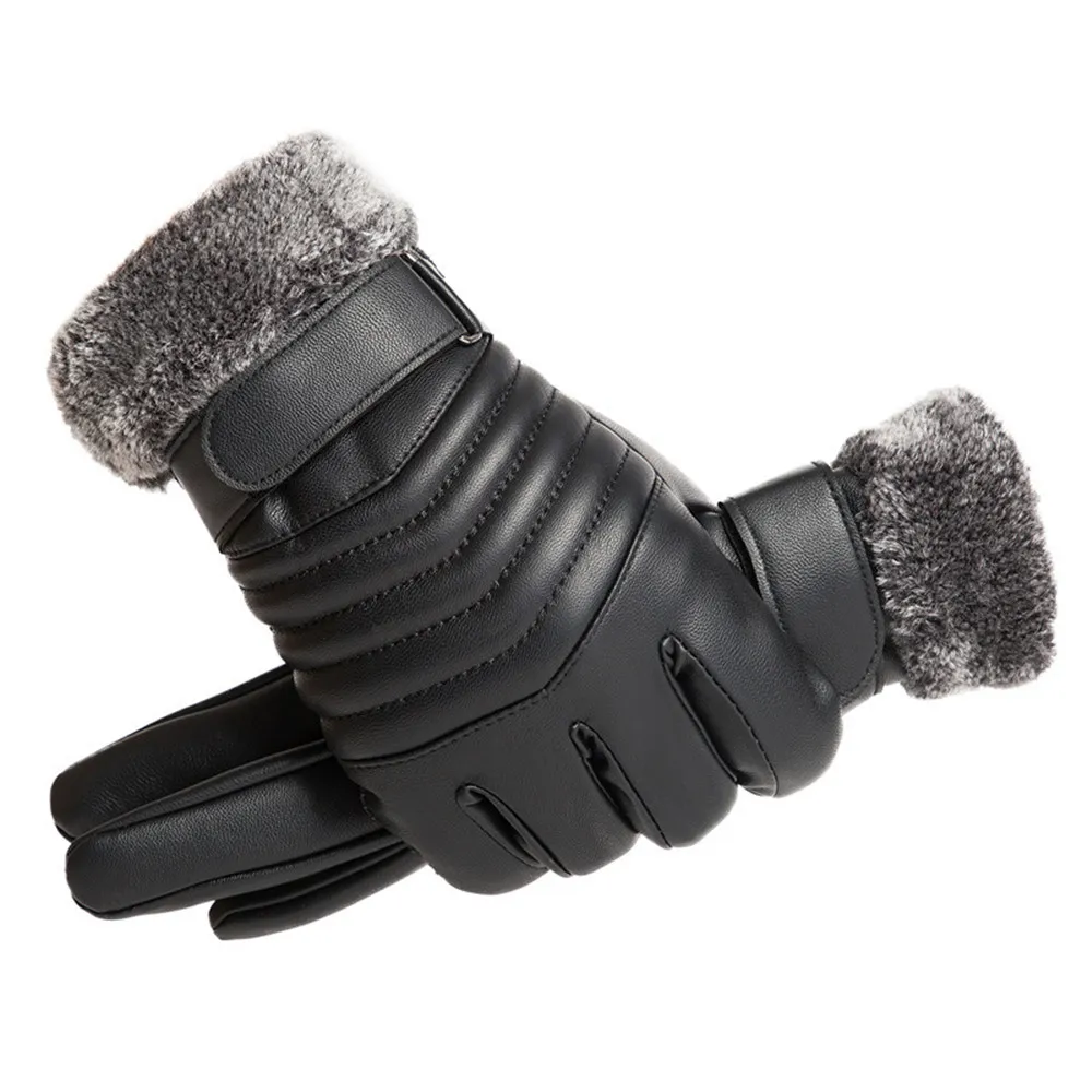 Men Winter Gloves Fur Mouth Plush, Motorcycle Insulation Gloves, Touch Screen PU Cotton Gloves
