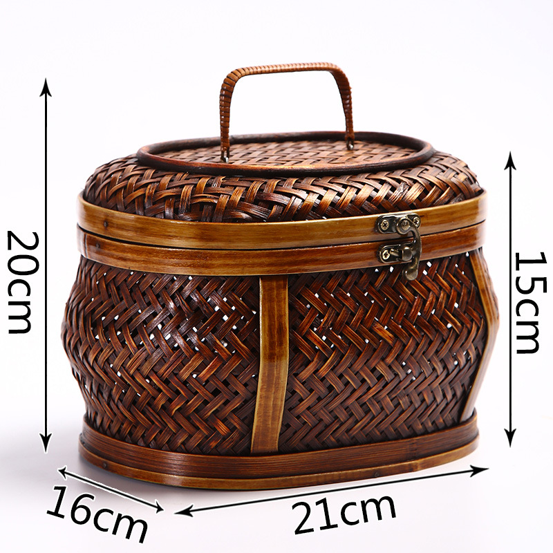 Antique Tea Set Organizer, Handmade Vintage Bamboo Woven Storage Box with Lid, Cosmetic Jewelry Decorative Trunk