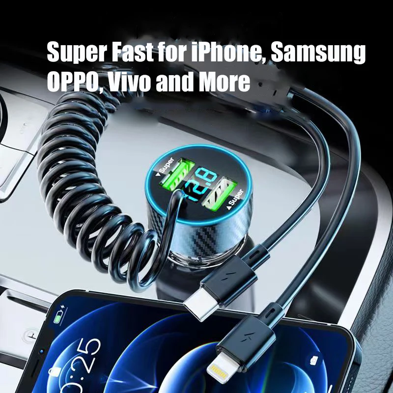 Super Fast Charger Adapter with Retractable Cable, LED Voltage Monitor for iPhone, Samsung, Huawei