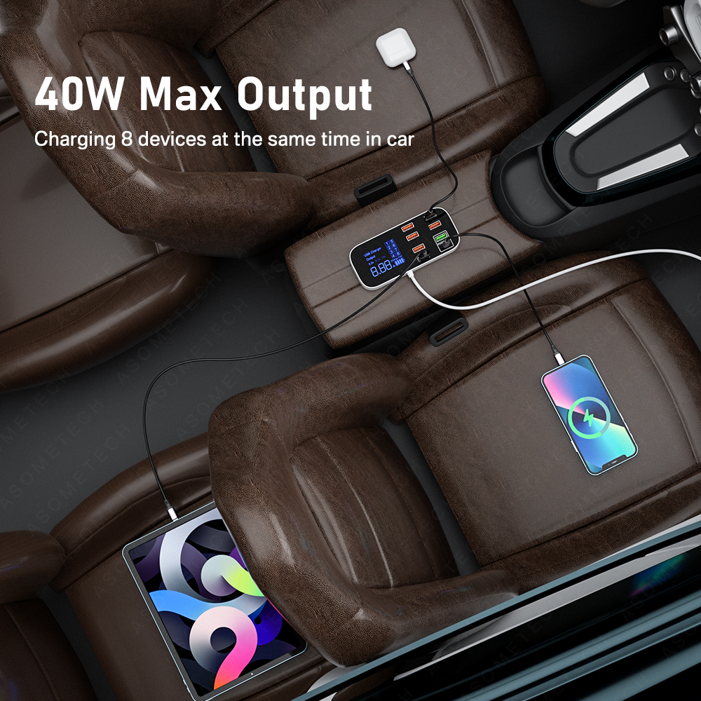 Type C Fast Car Phone Charger, Multi USB Charger for Android, iPhone with LED Display